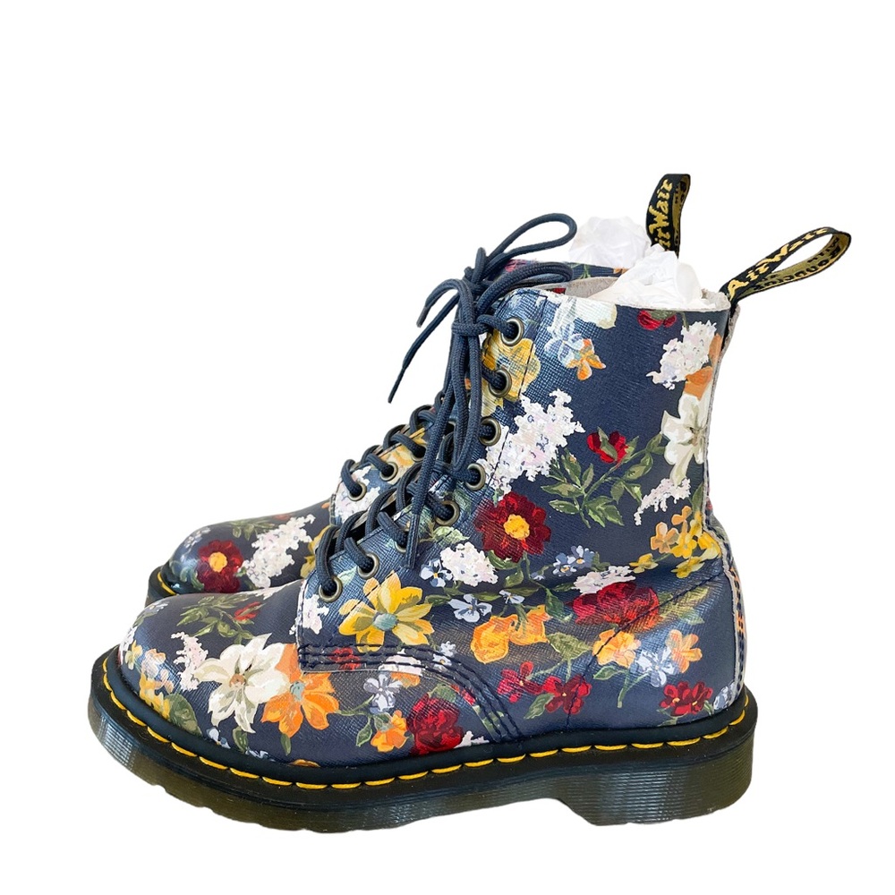 Dr Martens Floral Darcy Blue Lace Up Leather Boot Size 6